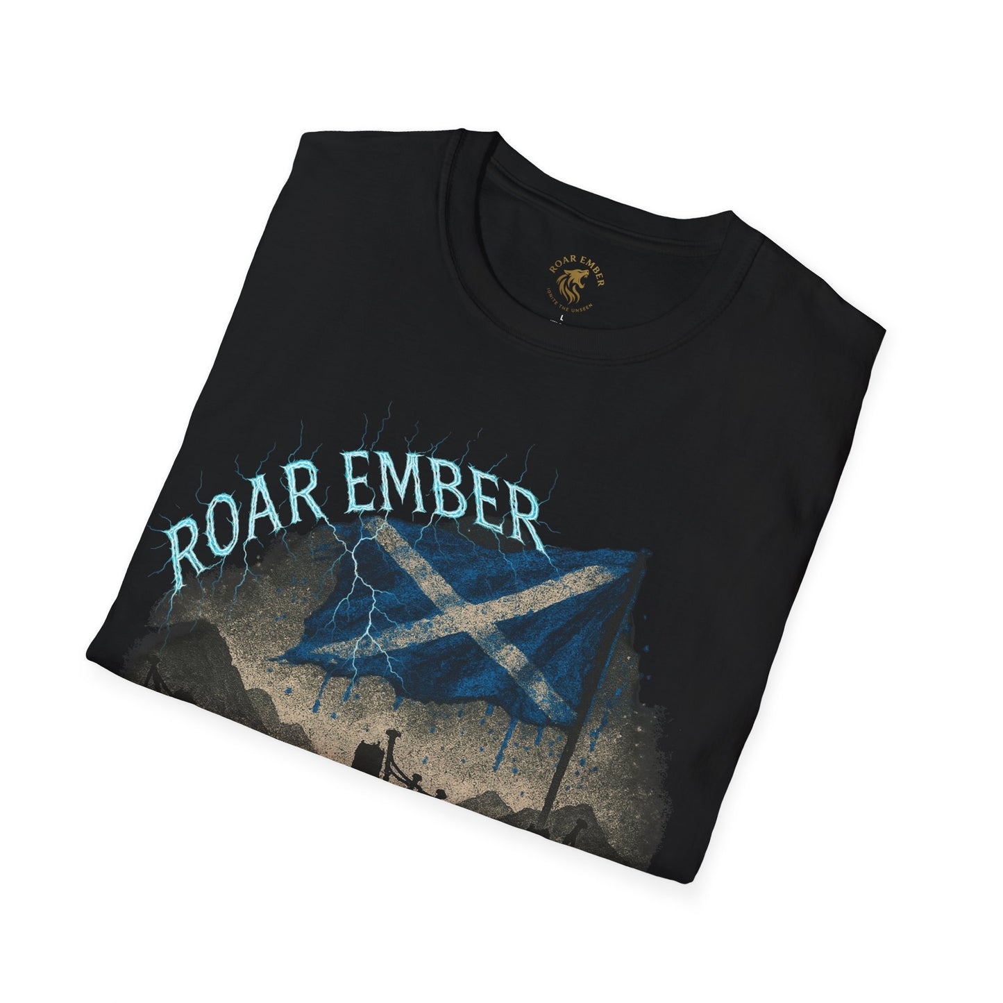 Roar Ember Scottish Flag T-Shirt — Celtic Bagpipes Clan Pride Tee